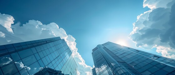 Sticker - Glass skyscrapers punctuate the cityscape, their reflective surfaces mirroring the dynamic clouds and blue skies, symbolizing modern business and technology