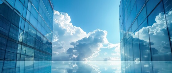 Sticker - Glass skyscrapers punctuate the cityscape, their reflective surfaces mirroring the dynamic clouds and blue skies, symbolizing modern business and technology