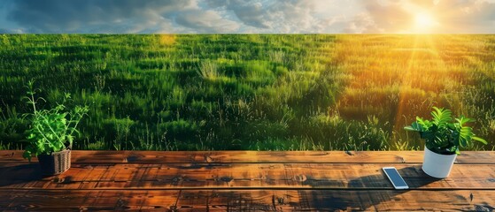 Wall Mural - Technology meets nature: a laptop keyboard amidst green fields and blue skies with scattered clouds