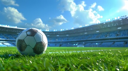 Wall Mural - Soccer Ball in a Stadium. soccer ball on green grass in the center of a stadium