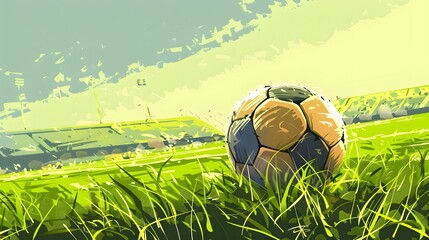 Wall Mural - Soccer Ball in a Stadium. soccer ball on green grass in the center of a stadium
