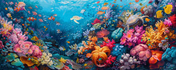 A mesmerizing underwater scene featuring a vibrant coral reef teeming with marine life, from colorful fish to graceful sea turtles.
