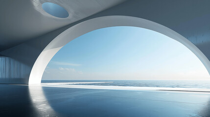 3d render of futuristic minimalist architecture with round arch on blue sky and water