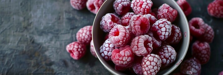A bowl of frozen raspberries on a dark surface