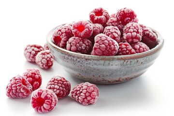 A bowl of frozen raspberries sits on a white background