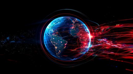 Aufkleber - Vibrant AI-generated image of Earth in digital style. Shows a futuristic view with red and blue light streaks. Perfect for technology, space, or climate related projects. Modern artistic depiction. AI