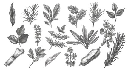 Modern illustration of herbs and spices. Hand drawn food sketch. Vintage illustration. Black and white design of spices.