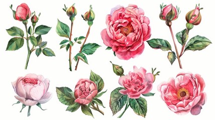 A watercolor illustration of pink flowers, garden roses and peonies. Collection of leaves and branches. Botanic illustration on a white background.