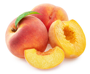 Wall Mural - Ripe red peaches with juicy peach slice and green leaf isolated on white background. Clipping path.