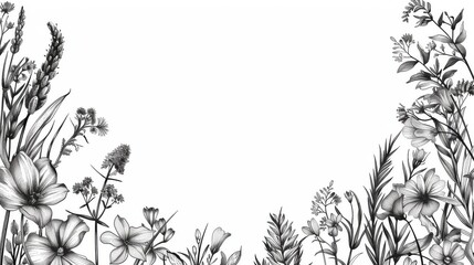 Sticker - Decorative frame in line art style with delicate meadow flowers and herbs.