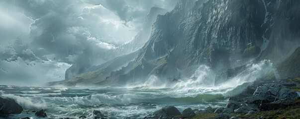 Wall Mural - A rugged coastline with crashing waves, the spray of the sea creating a mist that hangs in the air.