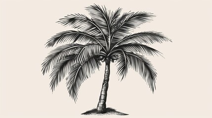 A hand-drawn tropical palm tree on an isolated light background. Template for design postcards, logos, labels.