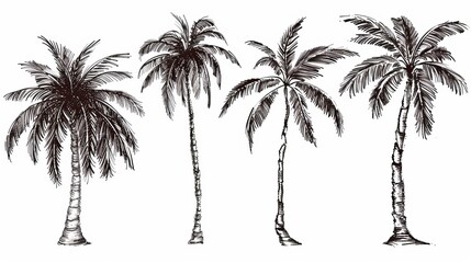Wall Mural - illustration set of exotic tropical palm trees with hand drawn vintage hawaii beach palms.