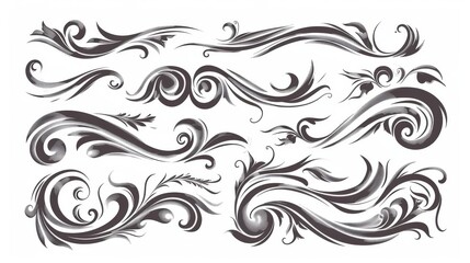 This is a set of hand lettering with a brush emphasizing lines. There are swirls, decorative divisions, underline strokes. A modern collection of design concept elements.