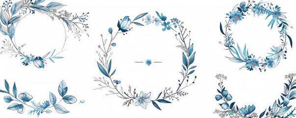 Wall Mural - This is a set of hand-drawn floral frames in sketch style. Vintage wreath. Trendy elements of plants, branches, leaves. This modern illustration is perfect for labels, branding, business identity,