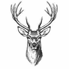 Wall Mural - Illustration of a vintage deer head with a portrait of the animal isolated on white. Hand drawn illustration in engraving style