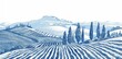 © Антон Сальников - A landscape with fields and hills of Tuscany. A wide panoramic vine plantation in Chianti. An engraved French or Italian landscape. A hand-drawn monochrome vintage horizontal sketch.