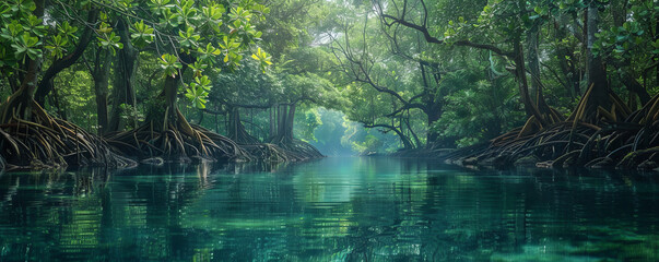 Poster - A tranquil mangrove forest teeming with life, with tangled roots and vibrant green foliage reflected in calm waters.