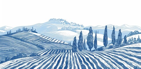 a landscape with fields and hills of tuscany. a wide panoramic vine plantation in chianti. an engrav