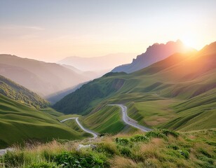 Wall Mural - View of the green mountains and hills at sunset. 