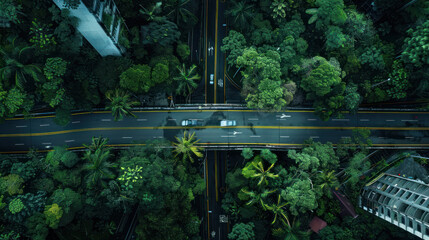 Wall Mural - Drone shot of a road cutting through a dense urban jungle