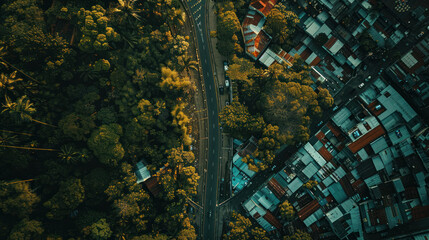 Wall Mural - Drone shot of a road cutting through a dense urban jungle