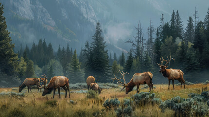 Wall Mural - Elk herd grazing in a mountain forest meadow