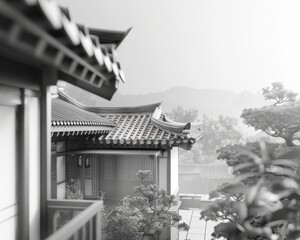 Wall Mural - Energyefficient hanok with rainwater harvesting system and green construction technologies, side view, portraying sustainable architecture, digital tone, black and white