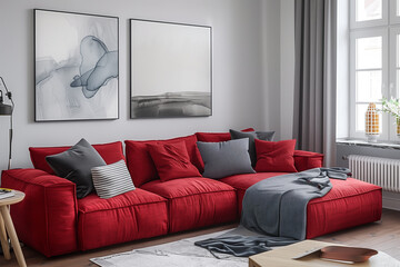 photo of red sofa and recliner chair with plants in a scandinavian clean and minimalist living room apartment and design interior furniture