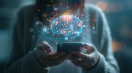 Sticker - A woman is holding a cell phone with a brain on the screen