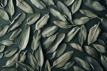 Wall Mural - Fresh Sage Leaves on Dark Green Background   Herb, Culinary Ingredient and Natural Texture