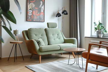 photo of green sofa and recliner chair with plants in a scandinavian clean and minimalist living room apartment and design interior furniture