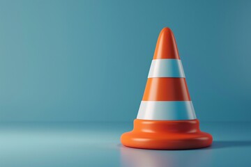 Wall Mural - A single orange and white traffic cone on a blue background, symbolizing road safety and caution. 3D Illustration.