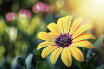 Wall Mural - Bright Yellow Flower in Sunlit Garden with Soft Focus and Bokeh Background