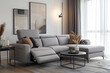 © N. W. - photo of grey sofa and recliner chair with plants in a scandinavian clean and minimalist living room apartment and design interior furniture