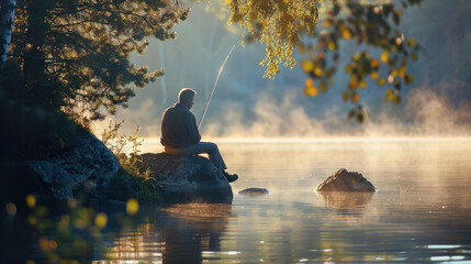 Wall Mural - Man fishing at a peaceful lakeside spot