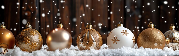 Wall Mural - Golden & White Christmas Baubles on Snow with Black Wooden Wall - Festive Advent Celebration Holiday Banner & Greeting Card