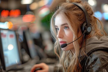 Young Woman Using a Headset While Working on a Computer in an Office Setting