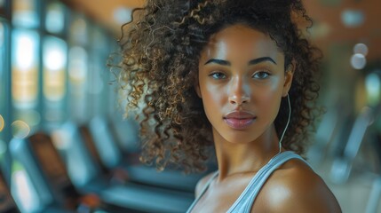 Wall Mural - Determined Black Woman Running on Treadmill at Gym with Curly Hair