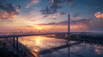 Wall Mural - Modern suspension bridge spanning across a wide river at sunset