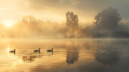 Wall Mural - Lake at dawn with ducks and mist