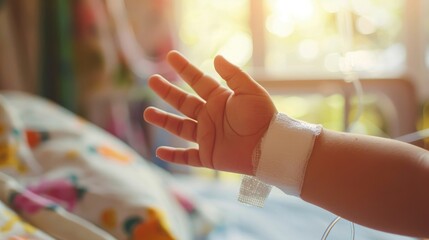 Wall Mural - Recovery and Care Soft Focus on Baby s Hand with Bandage and IV in Hospital