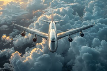 Wall Mural - airplane flying above clouds at sunset