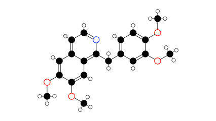 Sticker - papaverine molecule, structural chemical formula, ball-and-stick model, isolated image central alpha-agonists