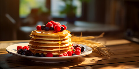 Breakfast table with pancakes, syrup and berries, warm and cozy atmosphere, morning sunlight