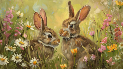 Wall Mural - Rabbits hiding in tall grass with blooming wildflowers