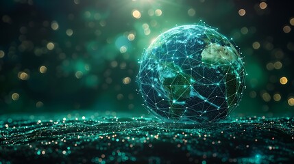 Wall Mural - global network concept globe with interconnected lines on greenish-blue bokeh background