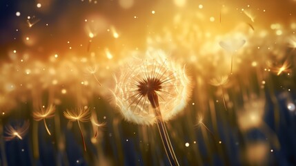 Wall Mural - A close-up shot of a dandelion's delicate seeds floating in the air, illuminated by warm yellow light and surrounded by stars.