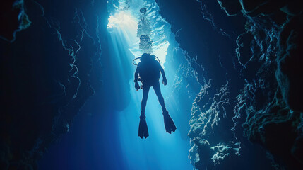 Wall Mural - Scuba diver exploring an underwater cave