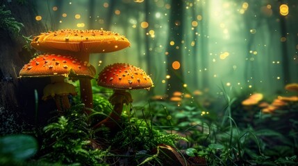 Magical fantasy mushrooms in an enchanted fairy tale Dreamy elf forest with green flowers on mysterious background.